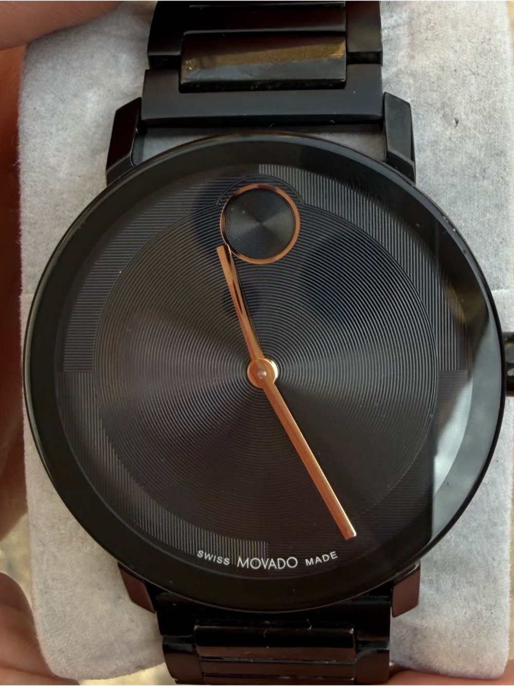 Movado Black Watch with Rose Gold Hands